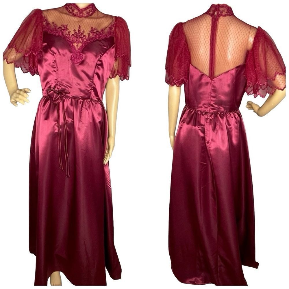 Vintage Eve Of Milady 80’s Prom Formal Dress Short Lace Sleeves Wine Size 11/12